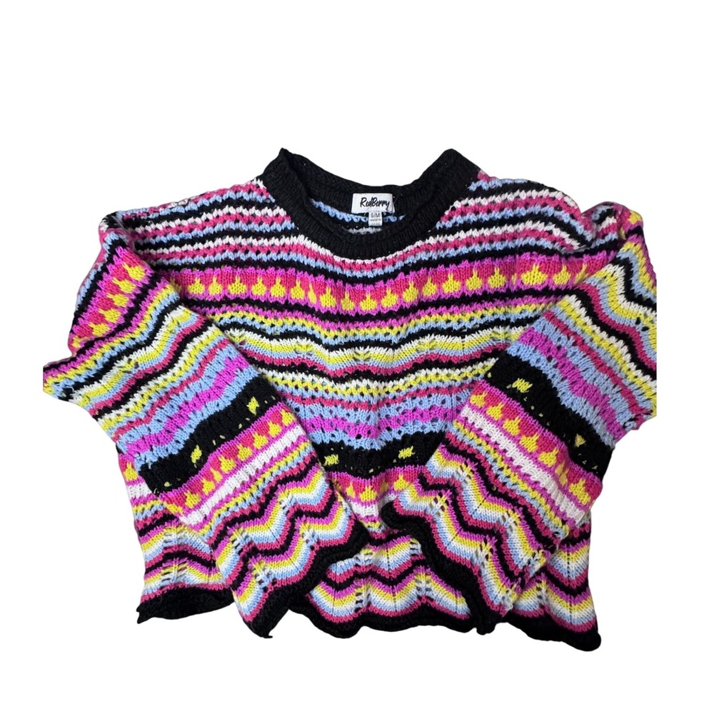 RedBerry Womens Multi Color Striped Knit Sweater Zig Zag Pointelle S/M